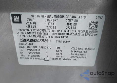 2012 Chevrolet Equinox 1Lt z USA, uszkodzony, nr VIN 2GNALDEK9C6255911